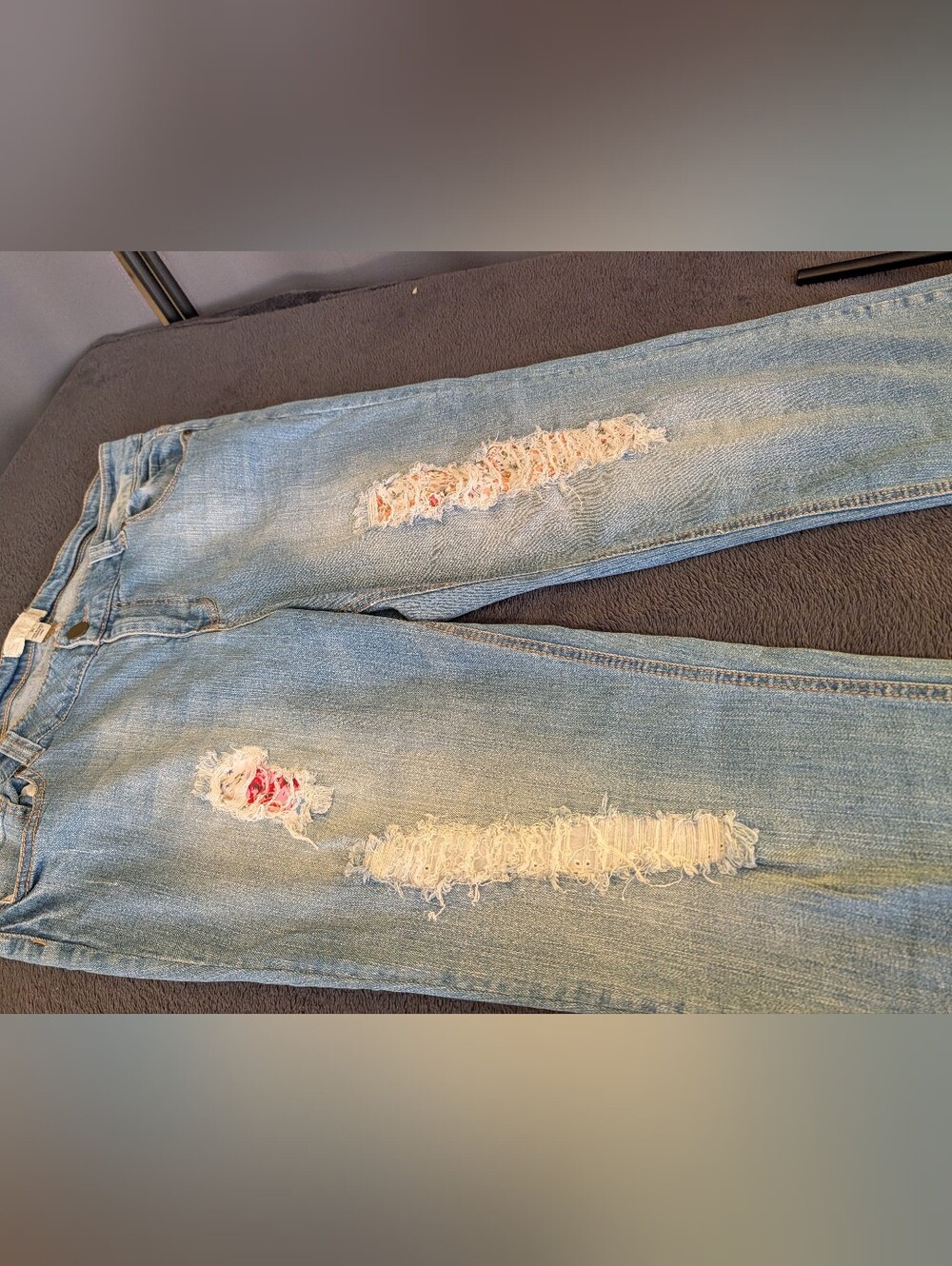 Forever 21 Light Blue Distressed Boyfriend Jeans with Floral & Lace 14